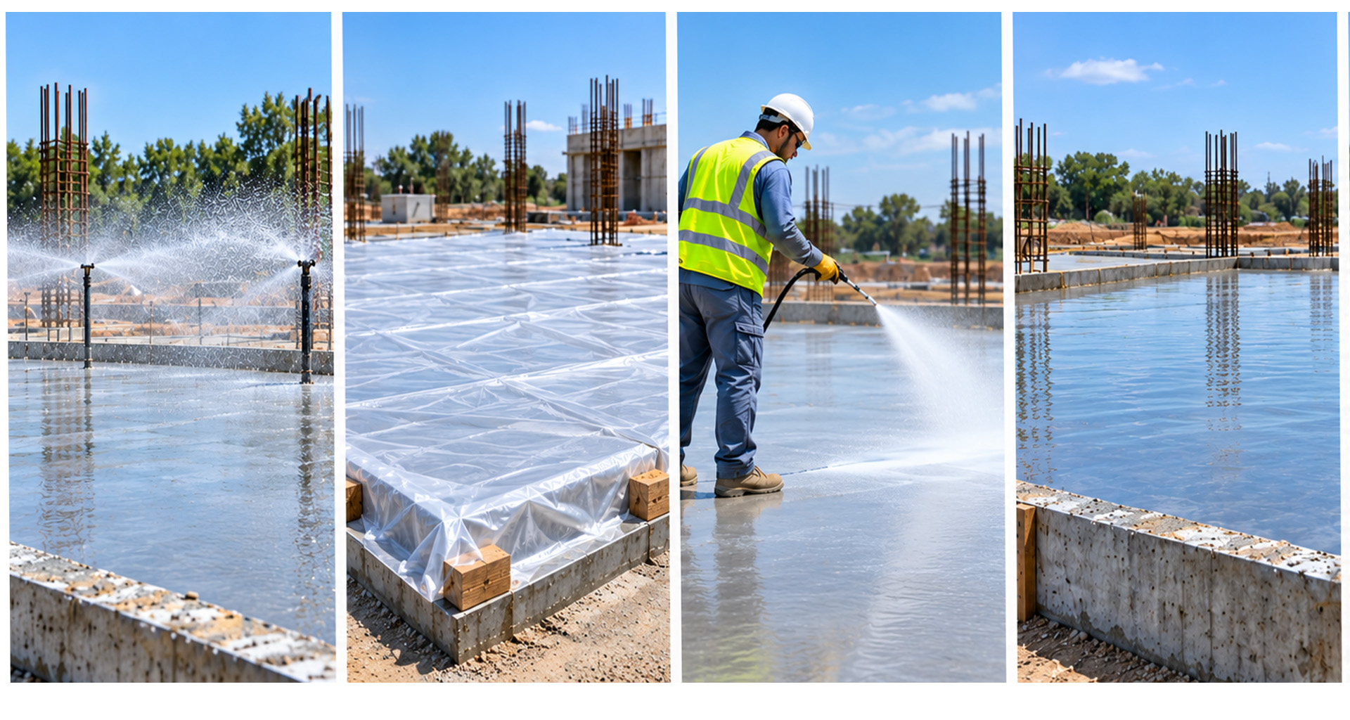 Concrete slab being cured by sprinklers, plastic sheeting, hosing and ponding